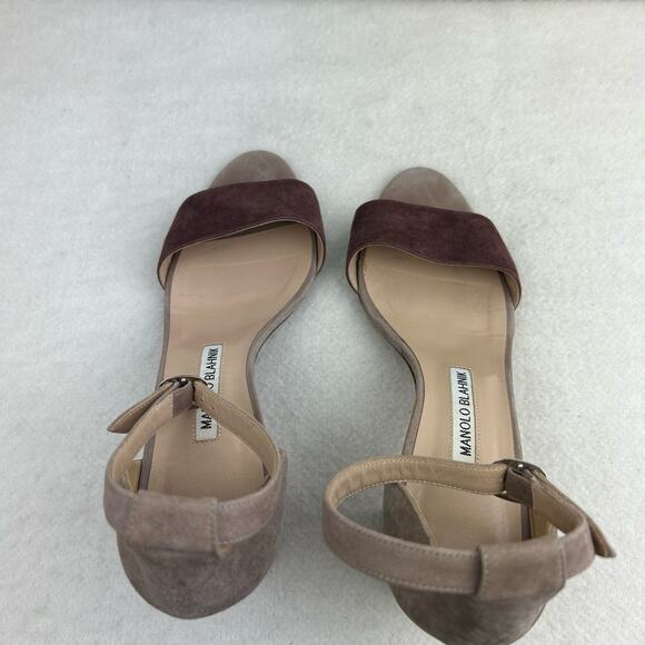 Authentic Manolo Blahnik Brown Gray Suede Strappy Sandal Block Heel 38.5 (US 8) - Picture 13 of 16